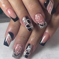 24pcs Uñas Postizas Negras Y Plateadas Con Brillo Detallables Y Reutilizables Con Pegamento De Gel Para Mujeres Y Niñas Incluye 1 Cuchara Para Cutículas - details 0