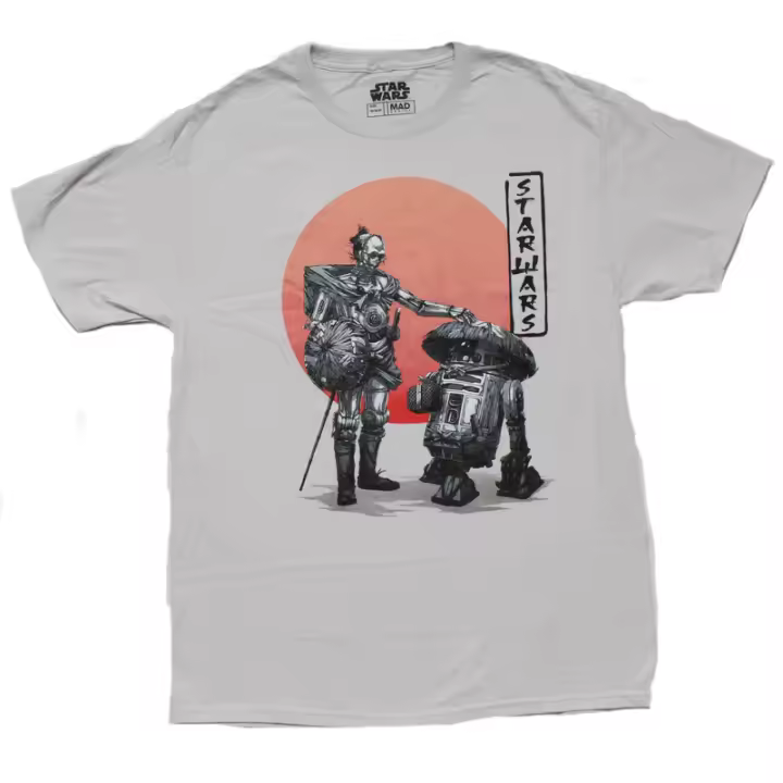 Nueva camiseta para adultos de Star Wars: Samurai R2D2 y C-3PO delante del atardecer - 1