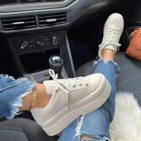 Plataforma de cuero para mujer, zapatillas de deporte de tacón grueso de color sólido, zapatos deportivos cómodos de moda planos casuales, zapatos de diseñador - details 3