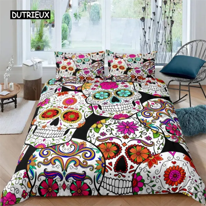 Funda de Edredón de Calavera de Azúcar de Lujo Gótico Conjunto de Cama de Esqueleto para Niñas, Niños, Adolescentes Temática de Halloween Cubierta Floral de Confort - 1