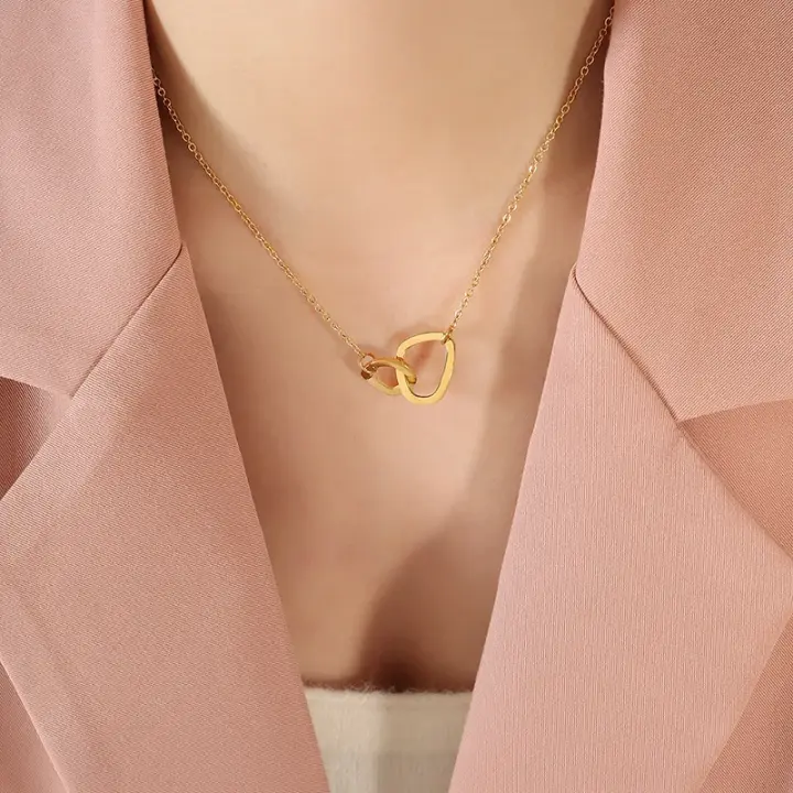 Collar con colgante de doble anillo de estilo europeo y americano, cadena de clavícula de titanio simple estilo ins para mujer - 1