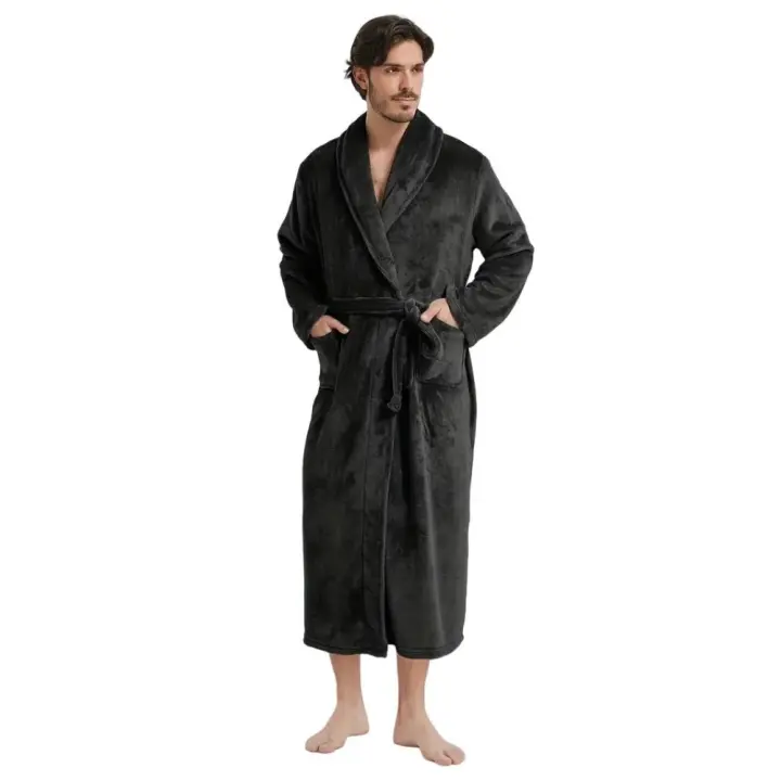 Bata de baño para hombre con bolsillo y cinturón, ropa de dormir suave y acogedora - 1