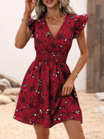 Vestido corto informal con estampado Floral para mujer, minivestido de calle con manga con volantes, rojo S - details 2