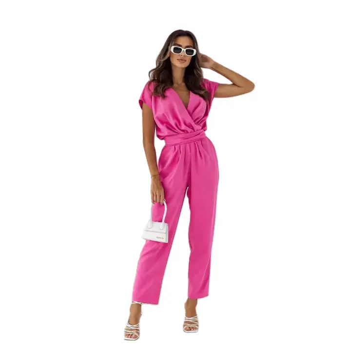 Monos de manga corta con cuello en V y estilo para mujer, color sólido - 1