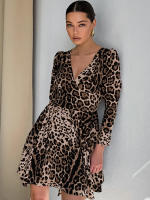 Estampado de leopardo con cuello en V ajustado verano otoño nuevo estampado manga larga vestido corto para mujer elegante - details 5