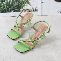 Sandalias de mujer de talla grande, color sólido, estilo trenzado, tacón alto con tiras y punta cuadrada - details 20