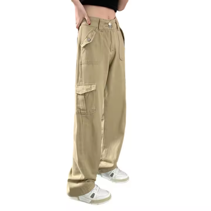 Pantalones vaqueros Cargo Vintage de color caqui americano, Pantalones rectos de cintura alta con bolsillo de moda, pantalones vaqueros holgados de pierna ancha para mujer - 1