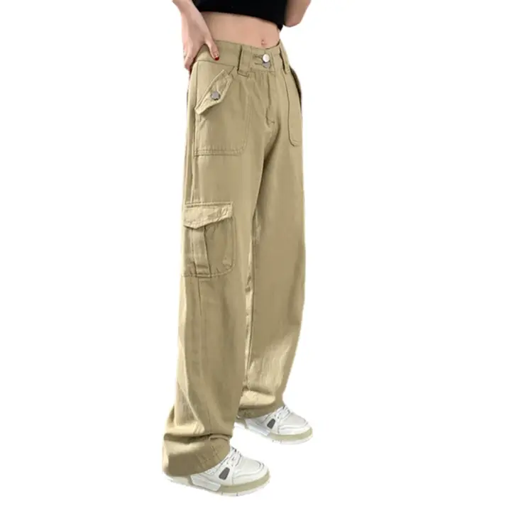 Pantalones vaqueros Cargo Vintage de color caqui americano, Pantalones rectos de cintura alta con bolsillo de moda, pantalones vaqueros holgados de pierna ancha para mujer - 1