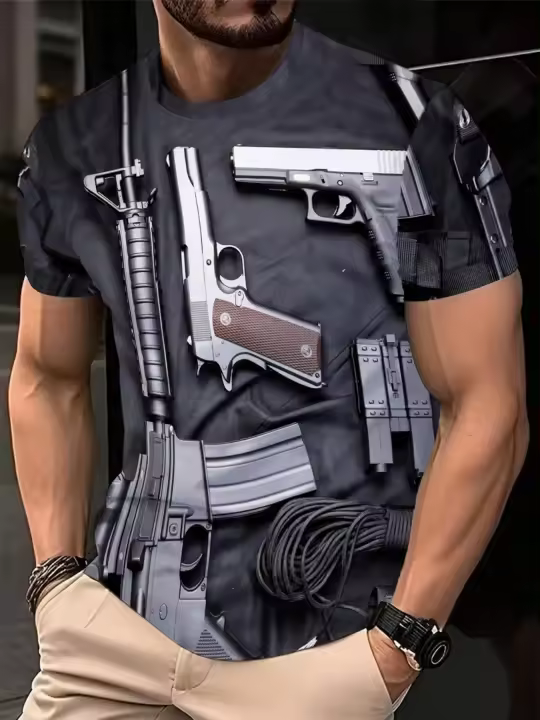 1 camiseta unisex con estampado digital 3D en negro vibrante, diseño de arma de fuego, manga corta, ajuste regular, 100% poliéster, lavable a máquina, adecuada para uso diario, viajes, fitness, playa y actividades al aire libre, camiseta informal - 1