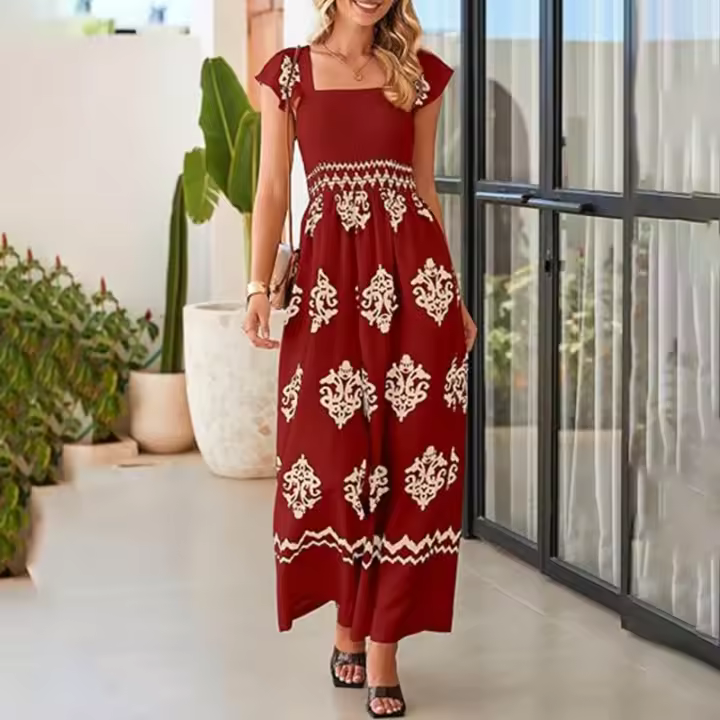Mono Bohemio de Cintura Alta y Piernas Anchos Estampado Vintage con Manga Corta, Monos de Moda para Mujeres con Bolsillos - 1