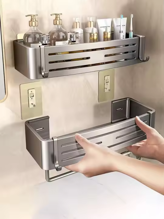 Organizador colgante no perforado, estante para colocar artículos de tocador y toallas, soporte para organización de champú para baño - 1