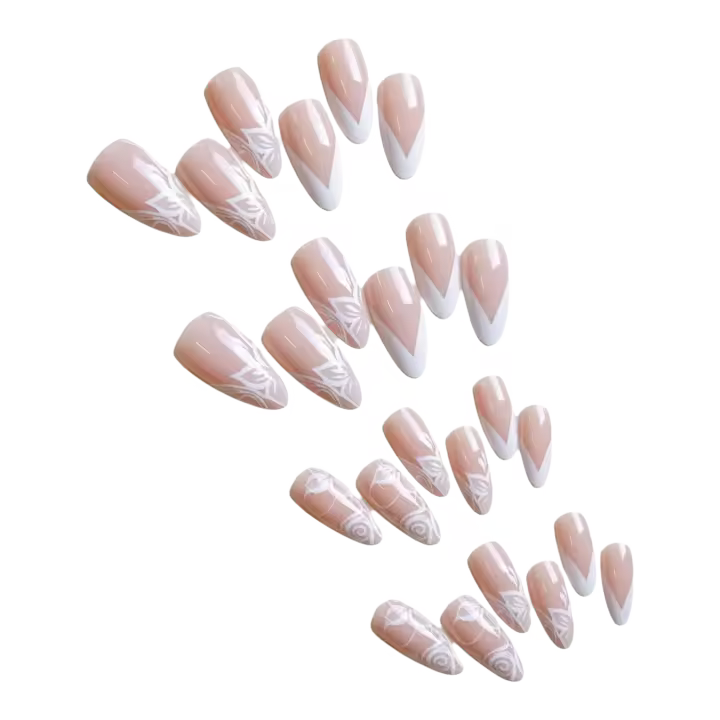24 piezas, rosa con estampado de borde blanco, uñas postizas dulces y encantadoras reutilizables para uso diario y fiestas - 1
