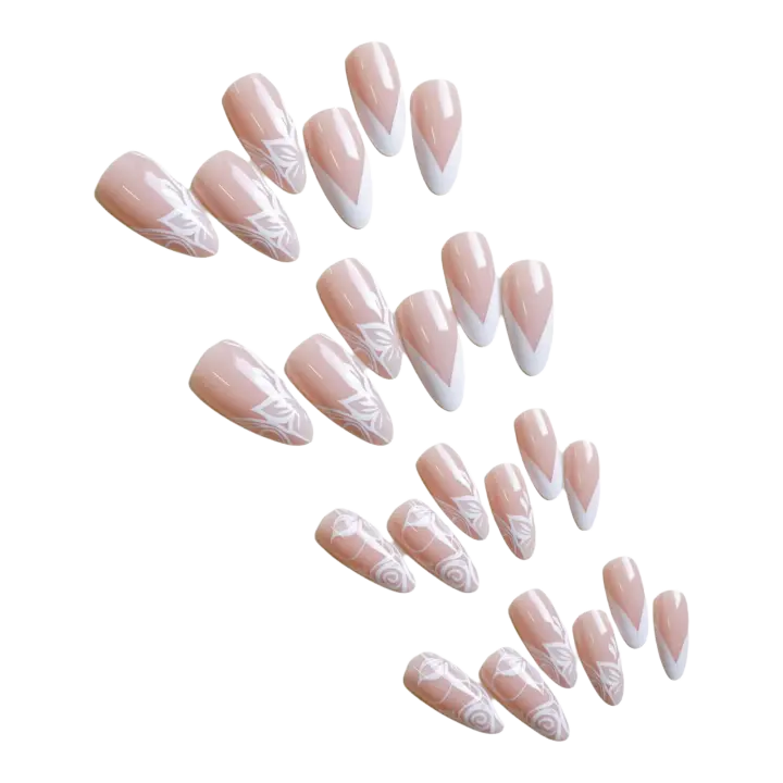 24 piezas, rosa con estampado de borde blanco, uñas postizas dulces y encantadoras reutilizables para uso diario y fiestas - 1