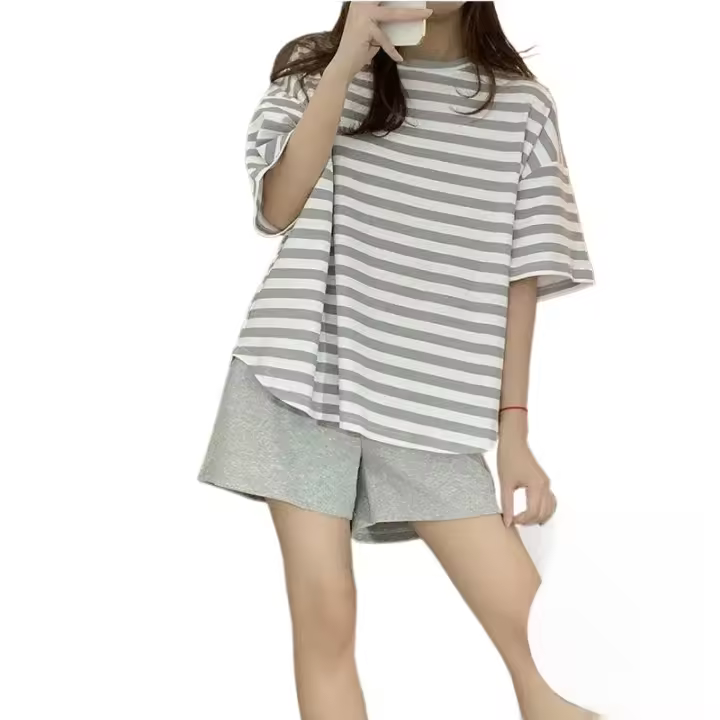 Conjunto de pijamas para mujer Big Tin con almohadilla verano estilo coreano moda Holgada y casual verde estampado rayado homewear - 1