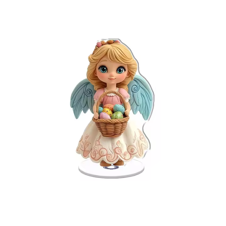 Decoración acrílica giratoria con una estatuilla de ángel rosa pastel y blanco con alas adornadas y una cesta de huevos de Pascua de colores sobre un fondo blanco. - 1