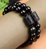 Obsidiana negra Natural de 10/12MM, amuleto de la suerte de Buda tallado, pulsera de hilo de cuentas redondas para mujeres y hombres, joyería para regalo de año próximo - details 0