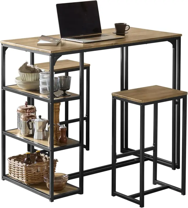Juego de mesa alta de bar y 2 taburetes, juego de barra, mesa alta para cocina, comedor y sala de estar, gris y negro OGT43-HG ES - 1