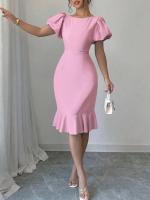 Para las mujeres vestido negro de verano nueva moda elegante Casual cuello redondo manga linterna volantes Oficina Sexy ropa de mujer vestidos - details 3