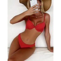 Conjunto de Bikini triangular para mujer, traje de baño liso, ropa de playa, cintura baja, rojo,  - details 1