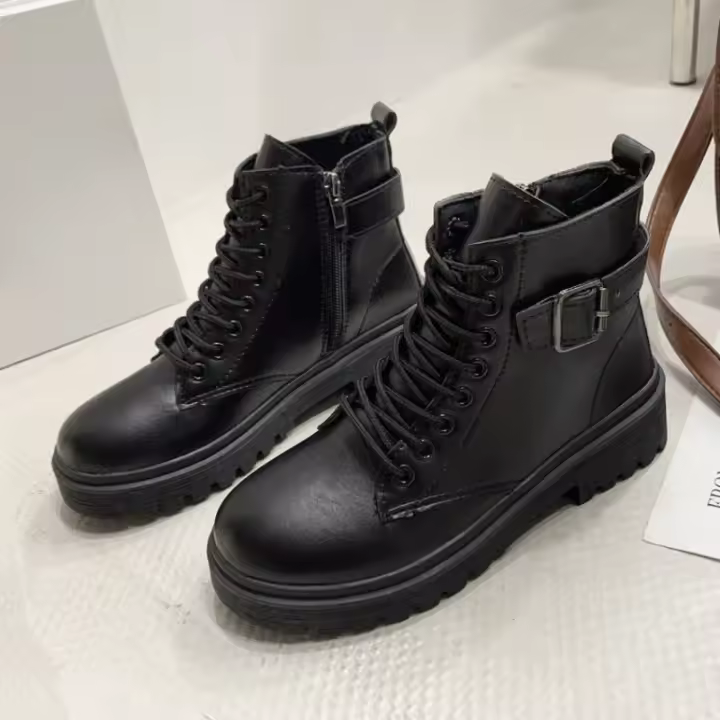 Botas Martin de talla grande para mujer, tacones altos gruesos, estilo británico, hebilla de cinturón, cordones, botas cortas informales de terciopelo - 1