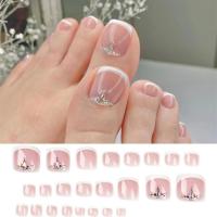 Juego De 24 Piezas Uñas Postizas De Acrílico Con Borde Blanco Y Flor Artísticas Para Pies Uñas Press on Removibles Para Fiestas - details 21