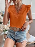Camiseta elegante a la moda para mujer, camisa informal tejida con encaje plisado de retales de manga corta con cuello en V pequeño para mujer - details 13