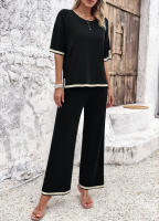 Conjuntos de punto de verano para mujer, trajes de 2 piezas, Tops de manga corta con pantalones, Negro S - details 4