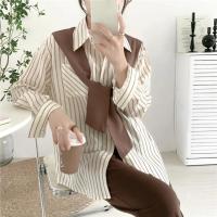 Camisa de mujer de dos piezas falsa estilo Maillard de otoño, chal tejido marrón, camisa con Raya Vertical en la espalda, blusa, camisa de mujer de estilo francés - details 3