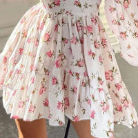 Vestido corto elegante por debajo de la rodilla para mujer, vestido corto con borde de encaje y cuello en V, estampado de moda dulce, temperamento, verano 2024 - details 5