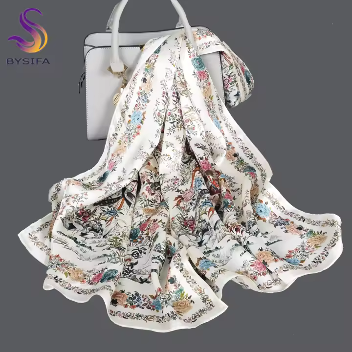 BYSIFA elegante negro 100% seda de morera bufanda larga diseño de grulla protector solar de verano chal envoltura de playa que cubre 67 "* 20" 12momme - 1