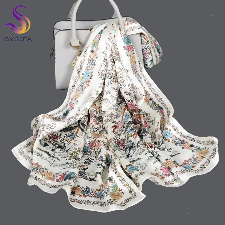 BYSIFA elegante negro 100% seda de morera bufanda larga diseño de grulla protector solar de verano chal envoltura de playa que cubre 67 "* 20" 12momme - 1