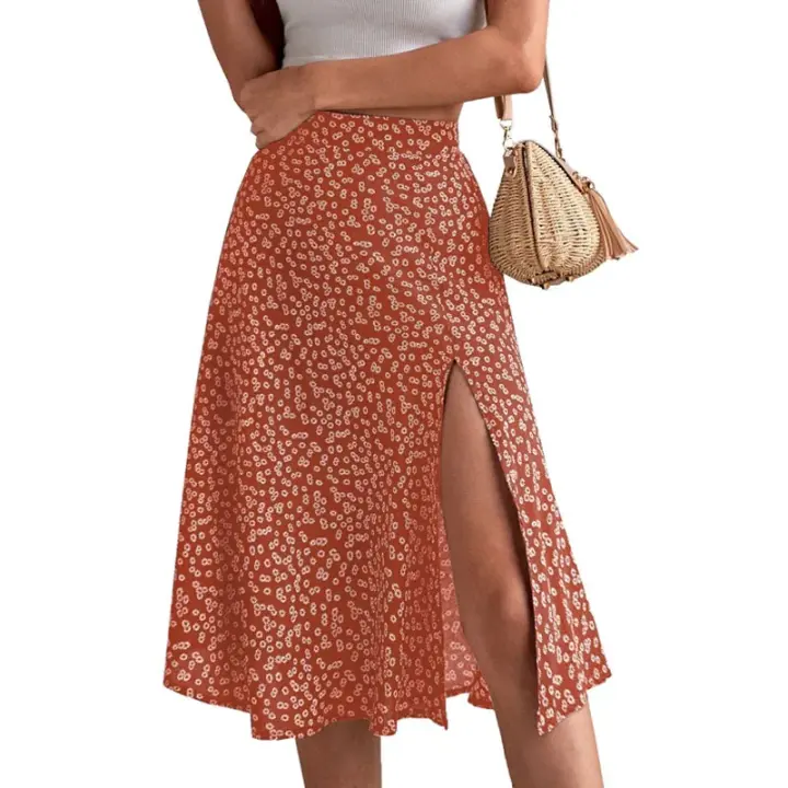 Mujeres 2025 Verano Primavera Boho Faldas largas Vestido Estampado floral Cintura elástica División Sexy Una línea Playa Maxi Falda - 1