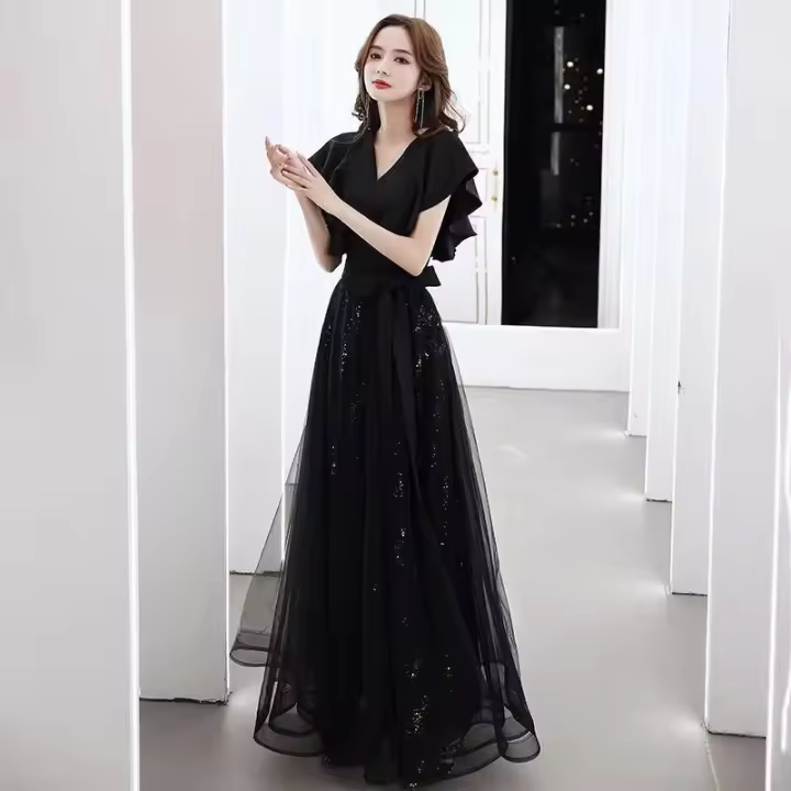 Vestido de Gala Negro Elegante Largo, Delgado, Estilo Francés, Lujo Ligero, Vestido de Niche de Alta Gama Perfecto para Reuniones Anuales, Exámenes de Arte - 1