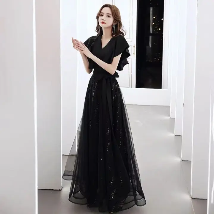 Vestido de Gala Negro Elegante Largo, Delgado, Estilo Francés, Lujo Ligero, Vestido de Niche de Alta Gama Perfecto para Reuniones Anuales, Exámenes de Arte - 1