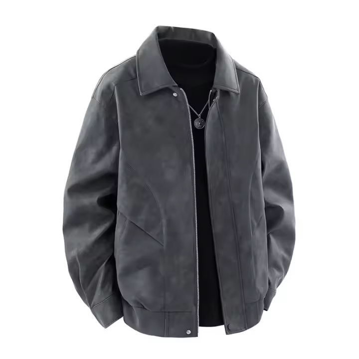 Chaqueta de Cuero Retro Sencilla de CHAIFENKO Ajuste Suelto Versátil para Otoño-Invierno - 1