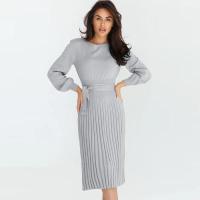 Vestido de ganchillo plisado para mujer con cuello redondo, vestido de punto, manga larga, elegante y bonito, color sólido - details 3