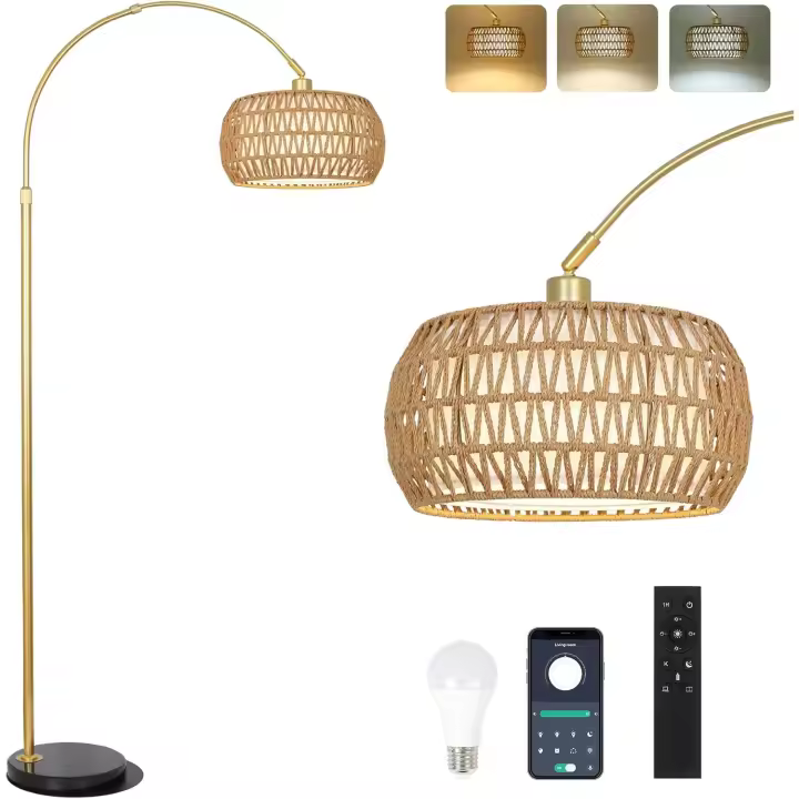 Lámpara de Pie Dorada Lámpara de Pantalla de Ratán con Control Remoto y Bombilla LED - 1