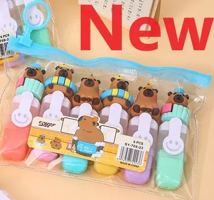 Capybara-rotuladores fluorescentes de dibujos animados, subrayadores de colores Pastel, Macaron, papelería bonita, 6 unidades por juego - 1