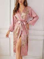 Conjunto de traje casual floral de satén de seda, bata con cinturilla, pijama, conjunto de ropa de dormir de dos piezas para todas las estaciones - details 7