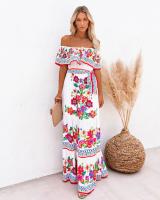 Vestido Largo para Mujer Verano 2025 Escote Palabra de Honor con Estampado de Flores Rojas - details 3