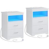 2 Piezas con Iluminación LED, Mesilla Noche con Estación Carga, Puertos USB, 2 Cajones, Mesa Sofá, para Dormitorio, Salón (Negro) - details 5