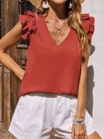 Camisa casual elegante con cuello en V para mujer, parte superior lisa con ribers de oficina, mangas de hoja de loto, verano - details 19