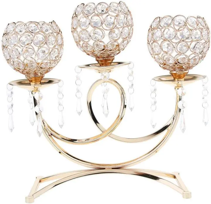 Portavelas de metal de cristal, 3 brazos, 36 cm de alto, para eventos de boda, candelabro, vela, decoración artesanal - 1