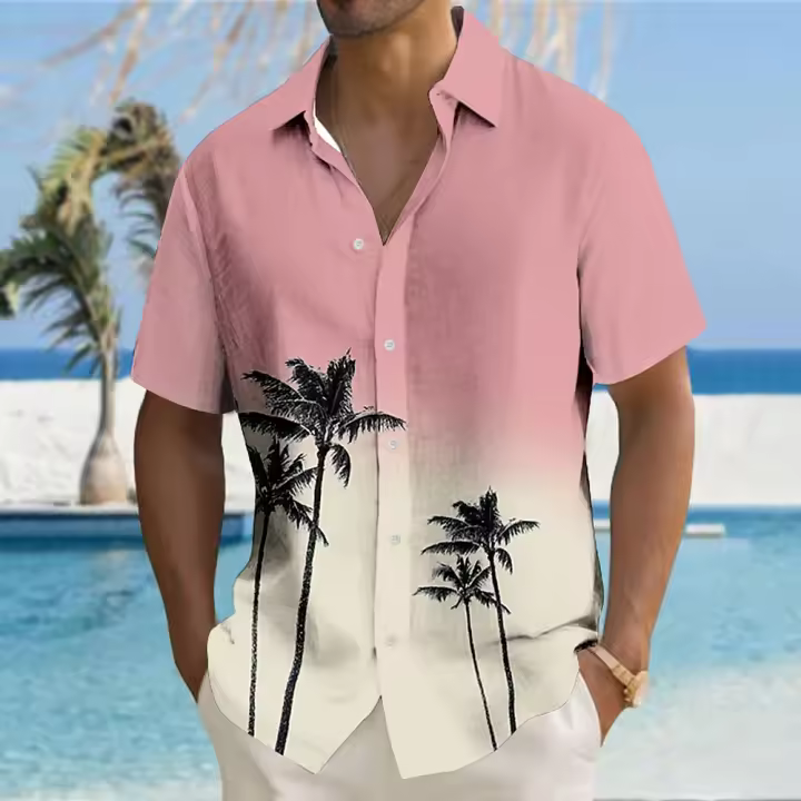 Camisa de verano para hombre, con solapa, manga corta, botones, estampado de palmeras, informal, degradado, holgada. - 1