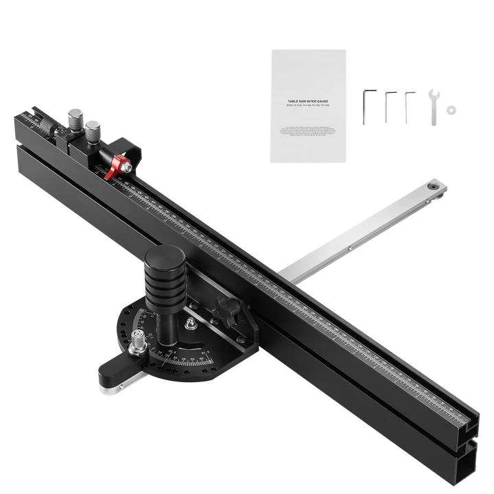 SucceBuy Medidor de inglete de precisión, medidor de sierra de mesa de aleación de aluminio, ranura estándar de 3/4" x 3/8", rejilla de 24 pulgadas, 15 tope de ángulo, émbolo ajustable, disco desmontable, para carpintería y corte de precisión