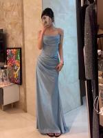 Novedad de verano, diseño de noche de banquete para ocasiones formales francesas con cintura ceñida, vestido con tirantes azules para mujer 4178 - details 2