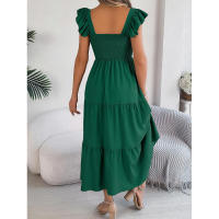 Elegante vestido largo de verano para mujer en color liso con escote cuadrado y aros decorativos, sin mangas, corte ajustado. - details 15