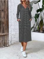 Vestidos con capucha de manga larga para mujer, vestido holgado a rayas, elegante, lujoso, nuevo - details 3