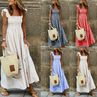 BUNO-Vestido largo acampanado con cuello cuadrado sin mangas a cuadros para mujer, vestido informal de verano para vacaciones y playa - details 1
