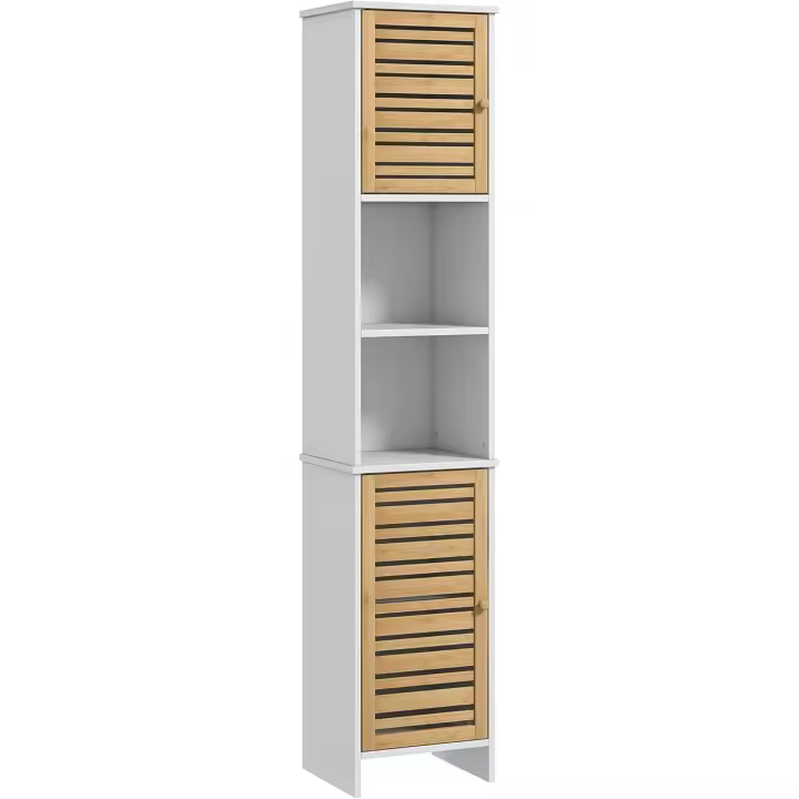 Estantes Ajustable y Puerta Bambú Anti-vuelco 35x30x170 cm Blanco y Natural - 1